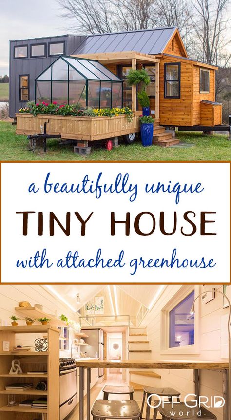 Tiny home with attached greenhouse Greenhouse Deck, Unique Tiny Home, Attached Greenhouse, Deck And Pergola, Home Greenhouse, Building A Tiny House, Tiny House Inspiration, Tiny House Listings, Greenhouse Plans