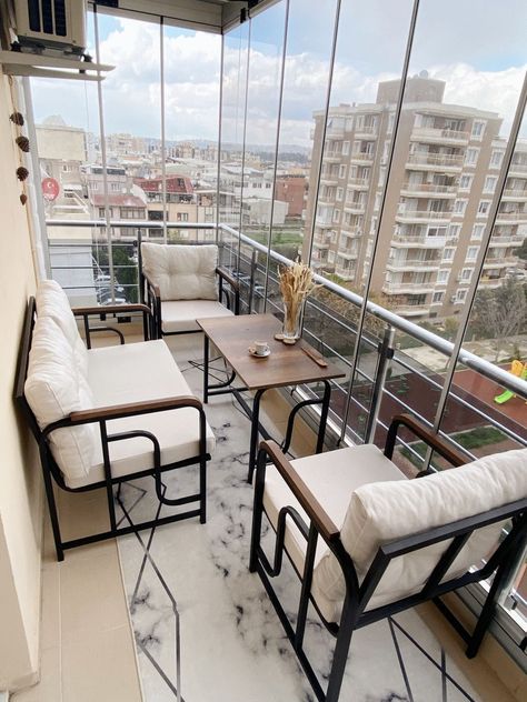 Perfect Outdoor Balcony Inspiration Design Enclosed Terrace Ideas, Balcony Ideas Apartment With Bbq, Korean Apartment Balcony, Enclosed Balcony Ideas, Enclosed Balcony, Small Apartment Balcony Ideas, Condo Balcony, Rectangular Living Rooms, Balcony Chairs