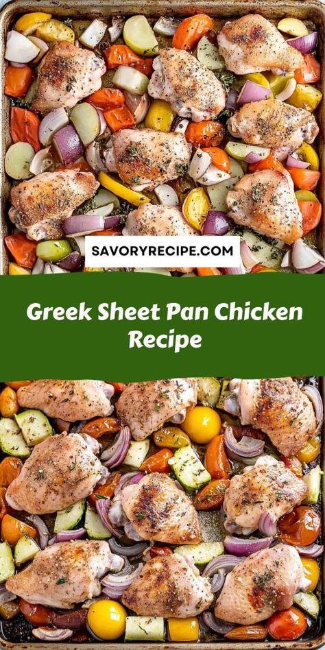 Looking for a flavorful Mediterranean dinner that’s easy to prepare? This Greek Sheet Pan Chicken Recipe combines tender chicken with vibrant veggies and zesty herbs for a wholesome meal. Save this recipe to your Mediterranean Dinner Ideas board for a quick weeknight dinner that the whole family will love! Mediterranean Dinner Ideas, Greek Sheet Pan Chicken, Sheet Pan Chicken Recipe, Greek Sheet Pan, Chicken With Roasted Vegetables, Mediterranean Dinner, Sheet Pan Meals Chicken, Pan Chicken Recipes, Savory Recipe