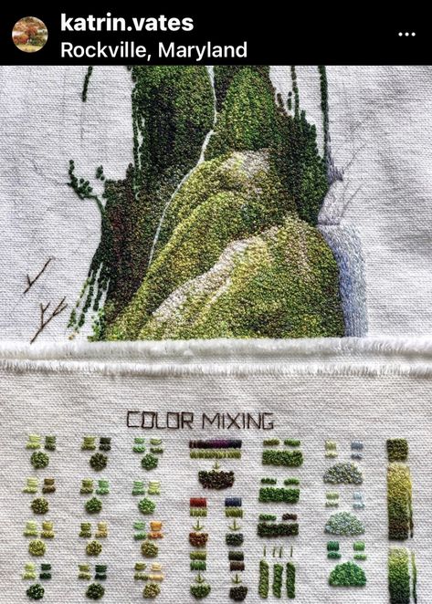 Moss Cross Stitch, Embroidered Moss On Clothes, Moss Embroidery Stitches, Katrin Vates Embroidery, How To Embroider Moss, Embroidery Moss Tutorial, Moss Embroidery Clothes, Embroidery Over Stains, Moss Embroidery Tutorial