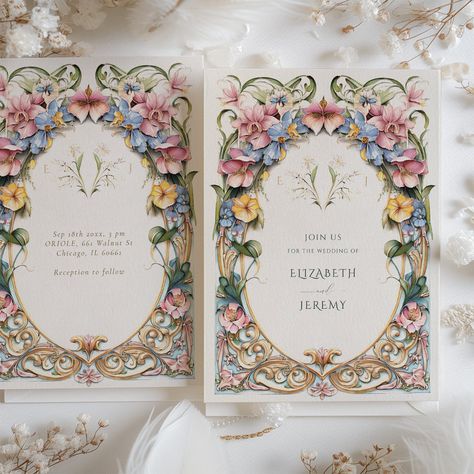 This invitation is a true celebration of Art Nouveau charm, featuring a botanical bliss theme that would appeal to lovers of timeless elegance. The design blooms with a garden of flowers in soft pastel hues of pink, periwinkle blue, and buttery yellow, accented with deep greens. Flourishes of gold add a gentle shimmer, framing the delicate flowers that seem to grow along the curved lines typical of the Art Nouveau style. This invitation captures the essence of natural forms in an artistic layout Art Nouveau Wedding Invitation, Wedding Layout, Art Nouveau Wedding, Green Invitation, Nouveau Wedding, Garden Of Flowers, Art Nouveau Weddings, Wedding Prints, Delicate Flowers