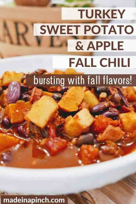 Apple Chili Recipe, Apple Chili, Potato Chili Recipe, October Meals, Sweet Potatoes And Apples, Turkey Sweet Potato Chili, Potatoes And Apples, Sweet Potato Chili Recipe, Turkey Kielbasa