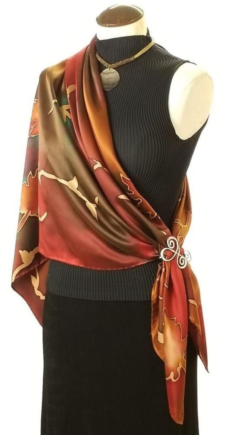 Idea for scarf. Add pin. Wear A Scarf, A Walk In The Woods, Scarf Knots, Silk Scarf Wrap, Ways To Wear A Scarf, How To Wear A Scarf, Silk Scarf Painting, Hand Painted Silk Scarf, Fashion Blogger Style