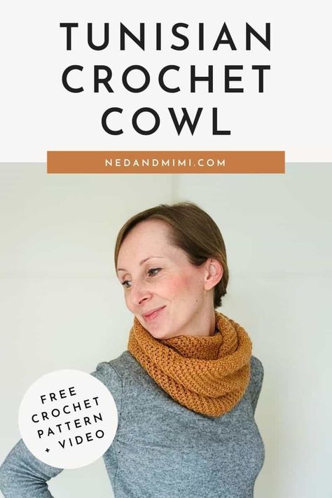 Tunisian Crochet Infinity Scarf - Free Pattern | Ned & Mimi Free Crochet Cowl Patterns, Crochet Infinity Scarf Free Pattern, Crochet Infinity Scarves, Crochet Cowl Patterns, Crochet Infinity Scarf Pattern, Cowl Patterns, Infinity Scarf Pattern, Tunisian Crochet Hook, Tunisian Crochet Patterns