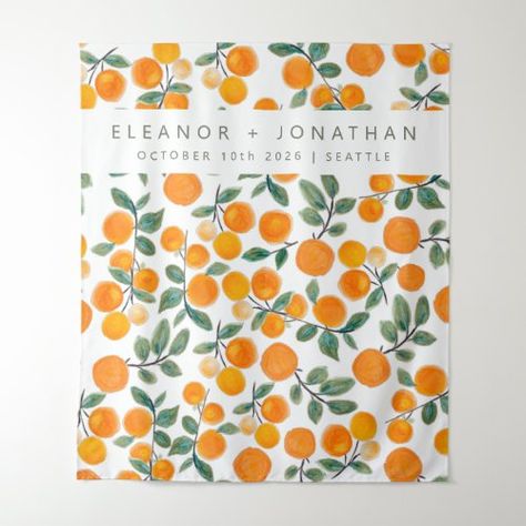 $52.73 | Watercolor Orange Citrus Photo Booth Backdrop #pretty botanical fruit pattern, watercolor oranges painting, nature lovers design, fall and autumn color palette, watercolor greenery illustration, trendy citrus art, modern boho chic aesthetic, clementine tangerines mandarin oranges, photo booth backdrop, simple typography Citrus Backdrop, Citrus Photo, Photo Booth Setup, Photography Memories, Booth Setup, Photobooth Backdrop, Watercolor Orange, Fruit Wedding, Tapestry Nature