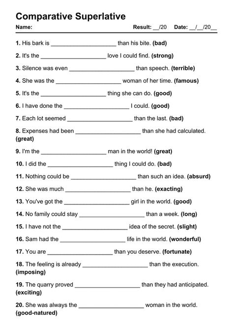 Comparative Superlative Exercises PDF Worksheet with Answers - Test 4 Superlative Comparative, Comparative Superlative, Comparative And Superlative, Comparative And Superlative Worksheets, Comparatives Worksheet, Comparative And Superlative Adverbs, Comparative Adjectives Worksheet, Degrees Of Comparison, Adverbs Worksheet