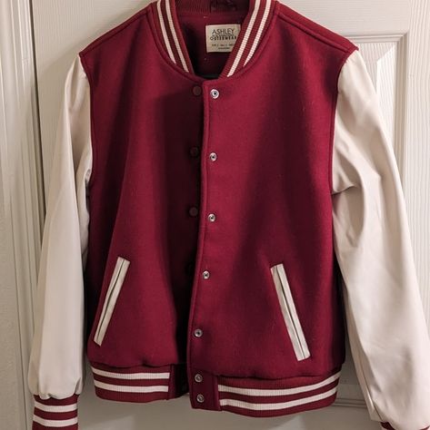 Red & Cream Varsity Jacket Lg Red Varsity Jacket Outfit, Maroon Varsity Jacket, Varsity Jacket Aesthetic, Cream Varsity Jacket, Varsity Jacket Red, Red Varsity Jacket, Maroon Aesthetic, Varsity Jacket Outfit, Stray Kids Outfits