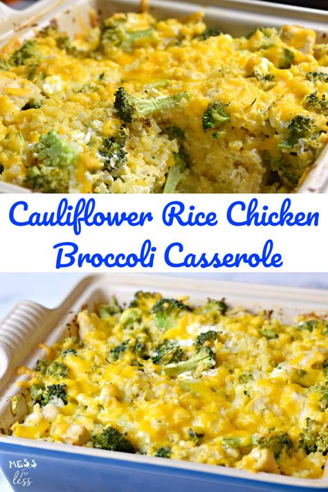 Rice Chicken Broccoli Casserole, Chicken Broccoli Cauliflower Rice Casserole, Rice Chicken Broccoli, Cauliflower Rice Chicken Casserole, Riced Califlower Recipes, Rice Chicken Casserole, Broccoli Cauliflower Rice, Broccoli Cauliflower Casserole, Cauliflower Rice Casserole