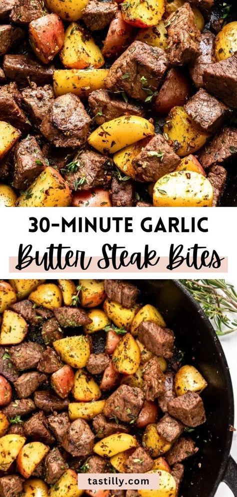 In just 30 minutes, you can have a delicious Garlic Butter Steak Bites with Potatoes meal using only one skillet. Butter Steak Bites Recipe, Garlic Butter Steak Bites, Butter Steak Bites, Steak And Potatoes, Steak Bites Recipe, Garlic Steak, Butter Steak, Garlic Butter Steak, Steak Butter