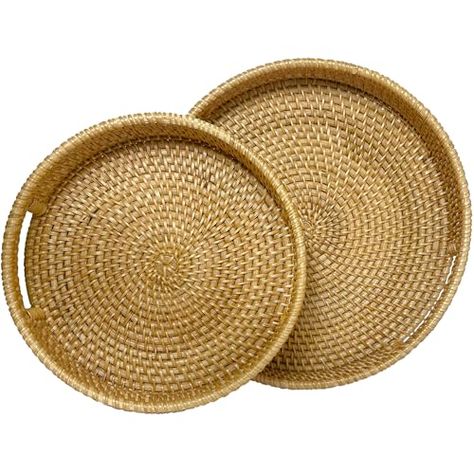 ChumDecor Round Rattan Serving Tray with Mother of Pearl Inlay, Coffee Table Tray Decor, Elegant Woven Basket Tray, Round Wicker Tray, Decorative Gifts for Occasion (Natural Wicker, Set of 2) Coffee Table Tray Decor, Round Rattan Tray, Rattan Serving Tray, Table Tray Decor, Coffee Table Decor Tray, Tray Coffee Table, Rattan Tray, Wicker Tray, Coffee Table Tray