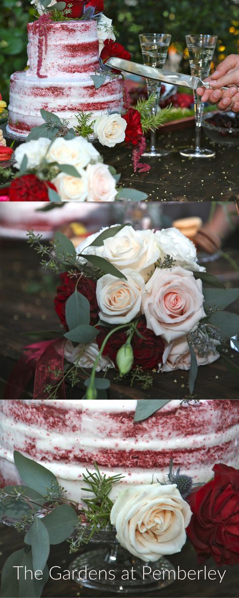 The perfect burgundy and blush bridal bouquets and floral arrangements for a Rancho Cucamonga Wedding. For this styled shoot, the burgundy, blush and gold color palette was brought through the wedding flower arrangements, wedding bouquets, wedding invitations and wedding ceremony flowers. The wedding floral decor included a rustic floral wedding cake, rustic groom’s boutonniere, rustic wedding flowers centerpieces and rustic burgundy, blush and gold wedding table settings. #inlandempireweddings Floral Cake Table, Burgundy Blush And Gold Wedding, Plum Wedding Cake, Rustic Wedding Flowers Centerpieces, Romantic Intimate Wedding, Rustic Romance Wedding, Rustic Groom, Cake Rustic, Burgundy Wedding Cake