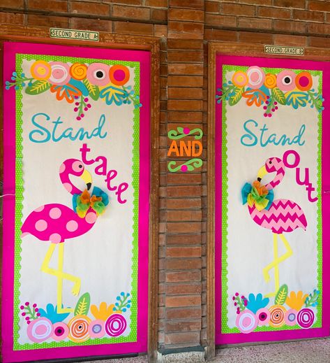 Tropical Theme Bulletin Board, Hawaiian Themed Door Decorations, Flamingo Door Decoration, Tropical Door Decorations Classroom, Flamingo Classroom Door, Flamingo Bulletin Board Ideas, Tropical Bulletin Board Ideas, Tropical Hallway, Kindness Door