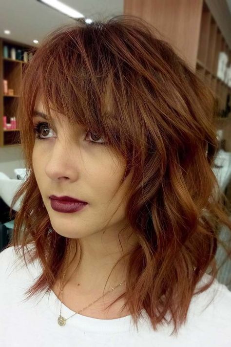 Shoulder Length Hair With Bangs Too Hot To Resist | LoveHairStyles Bob Hairstyles Medium, Shoulder Length Hair With Bangs, Medium Length Hair With Bangs, Long Bob With Bangs, Middle Hair, Medium Long Hair, Shag Haircut, Long Bob Hairstyles, Haircuts With Bangs