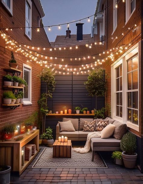 String Light Sanctuary Patio Wall Planters, Tiny Patio Ideas, Patio Cozy, Patio Ideas Townhouse, Light Blue Living Room, Tiny Patio, Small Patio Design, Fire Pit Outdoor, Wall String Lights