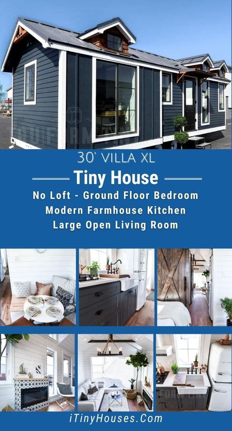 The 30' Villa XL is a gorgeous tiny home on wheels with a main floor bedroom, retro but still modern style kitchen, and tons of open space! Barndoor accents, shiplap walls, and a stunning retro refrigerator are just part of what you find in this tiny house on wheels! 1 Floor Tiny House, Tiny House Main Floor Bedroom, Modern Tiny House Interior Design, Tiny House On Wheels No Loft, Tiny House On Wheels Floor Plans, Tiny House No Loft, Granny Pad, Farmhouse Villa, Inside Tiny Houses