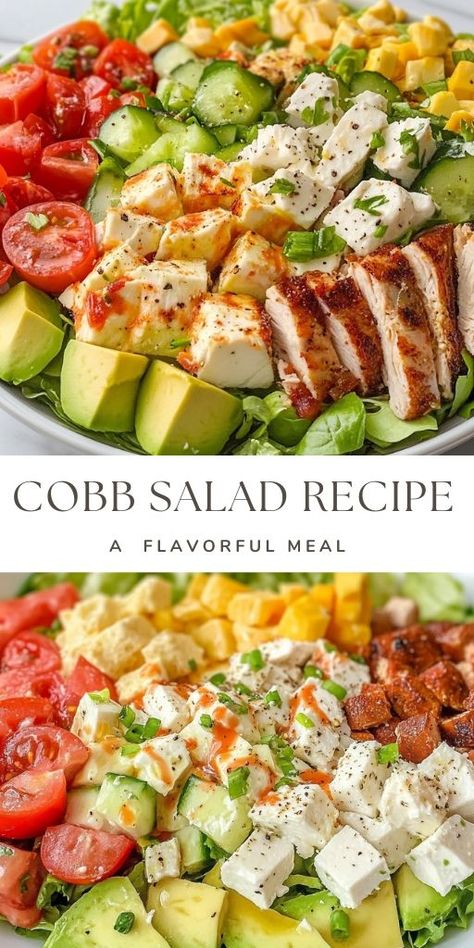 Classic Cobb Salad Recipe: A Nutritious and Flavorful Meal Ingredients 1 romaine heart, chopped 1 cooked chicken breast, cubed 2 hard-boiled eggs (or soft-boiled for a runny yolk) 2 pieces cooked bacon (turkey bacon can also be used) ¼ cup feta, crumbled or cubed ½ avocado, cubed 6 cherry tomatoes, sliced in half Red onion, thinly sliced (optional) #CobbSalad #Recipe Classic Cobb Salad Recipe, Bacon Turkey, Classic Cobb Salad, Colorful Salad, Cobb Salad Recipe, Chopped Salad Recipes, Hearty Lunch, Salad Meal Prep, Juicy Tomatoes