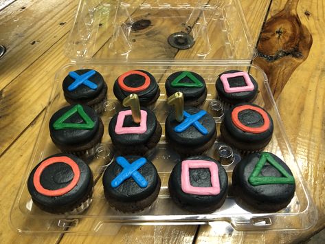 Ps5 Birthday Theme, Playstation Party Theme, Ps5 Birthday Party Ideas, Playstation Birthday Party, Ps5 Cupcakes, Playstation Theme Birthday Party, Playstation Cupcake Ideas, Gaming Cupcakes For Boys, Playstation Party Ideas