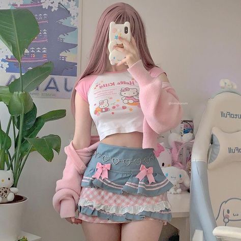 Hello Kitty Top, Outfits Pastel, Kawaii Outfit Ideas, Pin Search, Kawaii Fashion Outfits, A Skirt, Blue Outfit, Pink Outfits, Really Cute Outfits