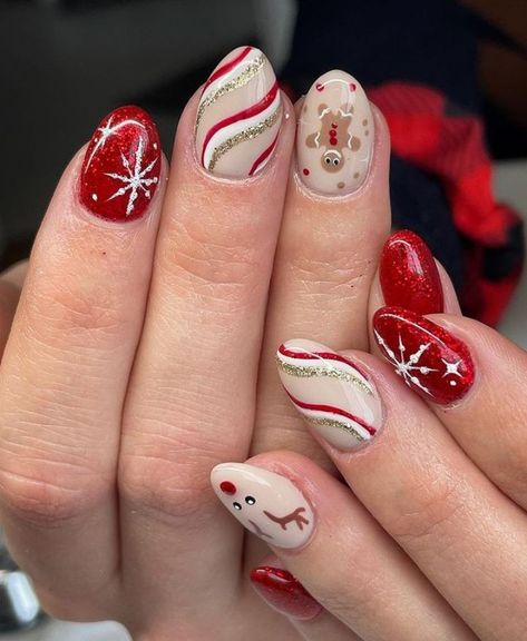 Christmas Nails Acrylic Long Art Designs, Xmas Nails Grinch, Christmas Reindeer Nail Designs, Christmas Nails Crazy, Reindeer Nails Christmas, Simple Winter Nails Almond, Merry Christmas Nails 2023, Fun Christmas Nail Designs, Christmas Gel Nails Designs Short