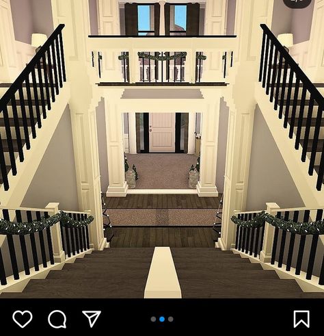 Bloxburg House Ideas Exterior 3 Story, Bloxburg Modern Stairs Ideas, Blockburg Entry Ideas, Bloxburg Stair Case Ideas, Bloxburg Spiral Stairs Ideas, Pretty House Layout, Club Roblox Mansion Ideas, Bloxburg Elegant Mansion Exterior, Mansion Bloxburg Interior