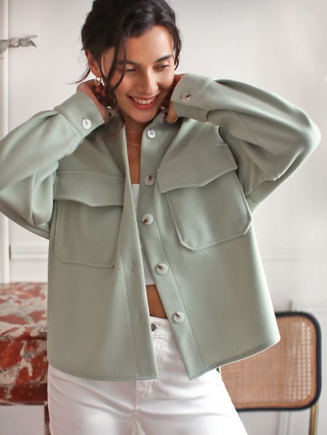 Women Outerwear, Women Jackets, Pocket Jacket, Outfit Style, Outerwear Women, Amazing Products, Flap Pocket, Drop Shoulder, Mint Green