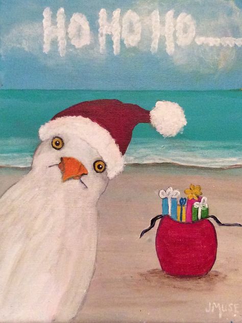 Beach Christmas Painting, Coastal Christmas Painting, Watercolor Beach Christmas Cards Ideas, Christmas On The Beach Painting, Beach Snowman Painting, Beachy Christmas Santa, Seagull Art, Holiday Art Prints, Beach Birds