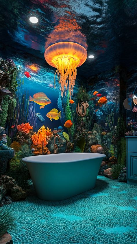 Whimsical bathroom with undersea decor, coral walls, fish art, jellyfish chandelier, and green tiled floor for a serene vibe. Ocean Bathroom Ideas, Jellyfish Chandelier, Glowing Jellyfish, Ocean Themed Bathroom, House Themes, Ocean Bathroom, Luxurious Bathtubs, Whimsical Home Decor, Sea Plants