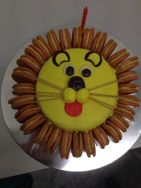 My nephews birthday cake #LionCake with macarons for the mane #JungleParty #TheLionKing Lion Cakes For Kids, Niall Birthday, Lion Cake, Lion Baby Shower, Zoo Birthday Party, Zoo Birthday, Nephew Birthday, Jungle Party, First Baby