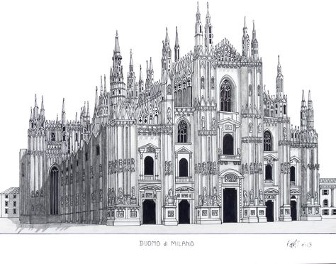 Pen and pencil drawing of the famous Duomo di Milano (Milan, Italy Cathedral). by Frederic Kohli. (prints available at http://frederic-kohli.artistwebsites.com) Milan Drawing, Colloseum Drawing Architecture, Milan Cathedral Drawing, Famous Building Sketches, Famous Building Sketches Architecture, Milan Cathedral Sketch, Italy Cathedral, Origami Shapes, Milano Cathedral