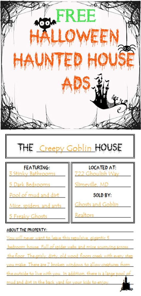 Free Haunted House advertisement activity. Have your students design their own haunted house. This lesson focuses on persuasive writing skills and more. Halloween Descriptive Writing, Halloween Stations For 2nd Grade, Haunted House Writing Activities, Haunted House For Sale Writing Project, High School Halloween Activities, Halloween Activities Elementary School, 4th Grade Fall Activities, Halloween Lesson Plans Elementary, Halloween Mandalas