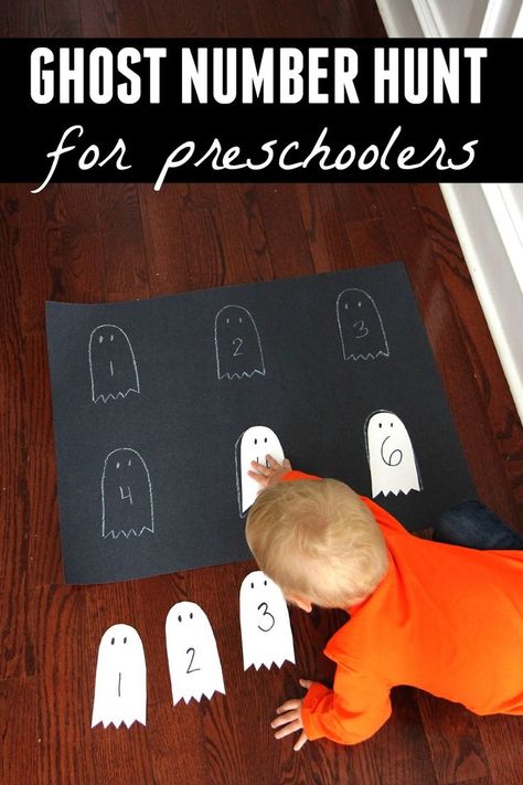 Ghost Number Hunt for Preschoolers #ghostactivity #preschool #halloween #virtualbookclubforkids #numberhunt Halloween Activities Preschool, Halloween Lesson, Halloween Infantil, Halloween Crafts Preschool, October Activities, Ghost Crafts, Halloween Crafts For Toddlers, Halloween Preschool, Fall Preschool