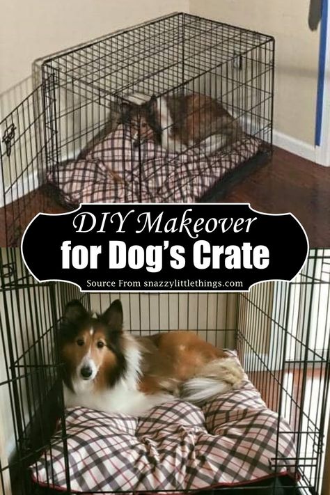 Dog Kennel Disguise, Decorated Dog Kennel, Dress Up Dog Crate, Make A Dog Crate Look Better, Double Dog Crate Ideas, Upcycle Dog Crate, Cute Dog Crate Ideas Diy, How To Make A Dog Cage Cute, Dogs Cage Ideas Indoor