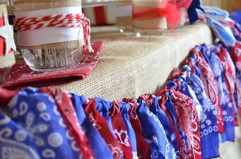 bandana banner maria provenzano Bandana Garland, Bandana Banner, Rag Bunting, Cowboy Party Ideas, Cowboy First Birthday, Saloon Bar, Baby Siting, Wild West Party, Cowboy Baby Shower