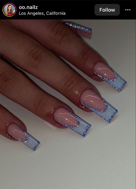 Simple Cute Blue Nails, Square Shape Nail Ideas, Blue French Tip Nails With Glitter, Birthday Nail Ideas Acrylic Medium, Rod Wave Nails, Y2k Winter Nails, Bridesmaid Nails Blue, Blue Nail Designs Almond, Red Cute Nails