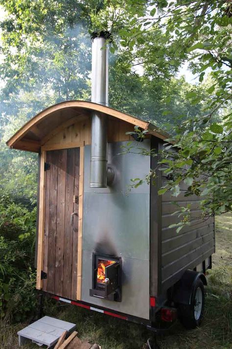 A Frame Sauna Design, Sauna On A Trailer, Diy Sauna Stove, Off Grid Sauna, A Frame Sauna, Sauna On Wheels, Pallet Sauna, Diy Sauna Outdoor How To Build, Sauna Diy Outdoor