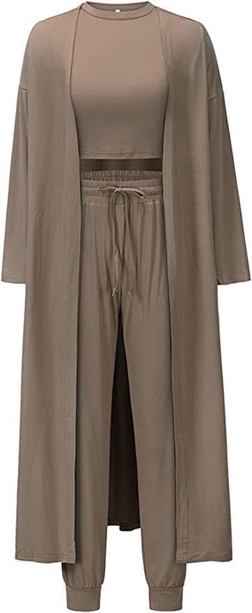 Les umes Women's 3 Piece Pajama Loungewear Set Long Cardigan Crop Tops High Waist Pants Sweatsuit Set Khaki XL at Amazon Women’s Clothing store Cardigan Coat Outfit, Moda Kimono, Clubwear Outfits, Terno Slim, Womens Loungewear Sets, Lounge Wear Set, Mode Kimono, Outfit For Women, Set Outfits