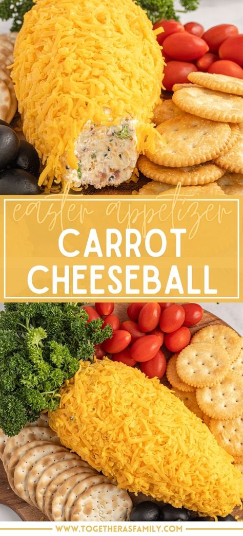 Cheese Ball For Easter, Cheese Ball Shaped Like A Carrot, Easter Appetizers Cheese Ball, Cheese Ball Carrots, Cute Easter Side Dishes, Cheese Ball Easter Carrots, Easter Egg Cheese Ball, Carrot Cheese Ball Easter, Easter Themed Cheese Ball