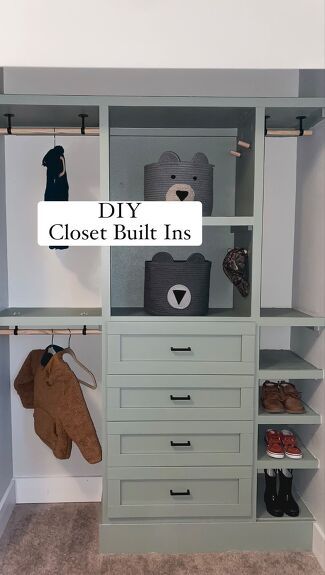 Closet Design Reach In, Diy Closet Dresser Built Ins, Diy Built In Closet Shelves, Built In Closet Makeover, Closet Plans Diy How To Build, Diy Shelves For Closet, 5ft Closet Layout, Entertainment Center Closet Ideas, Diy Built In Dresser In Closet