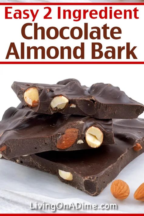 This 2 ingredient chocolate almond bark recipe makes a rich and delicious classic almond bark treat! I prefer making it with dark chocolate and salted almonds! Yum! Find this and lots more easy Christmas candy recipes with 2 ingredients here! Keto Sweet Snacks, Dark Chocolate Almond Bark, Almond Bark Recipes, Chocolate Covered Potato Chips, Salted Almonds, Christmas Candy Easy, Easy Christmas Candy Recipes, Easy Fudge, Easy Candy Recipes