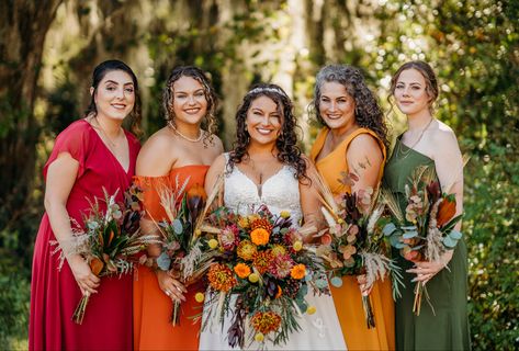 Fall wedding, multicolored bridesmaid dresses Multicolored Bridesmaids Dresses, Multicolored Wedding, July Wedding Colors, Fall Wedding Bridesmaids, Multicolor Wedding, Teal Bridesmaid Dresses, Fall Bridesmaids, Paper Rings, Orange Bridesmaid Dresses