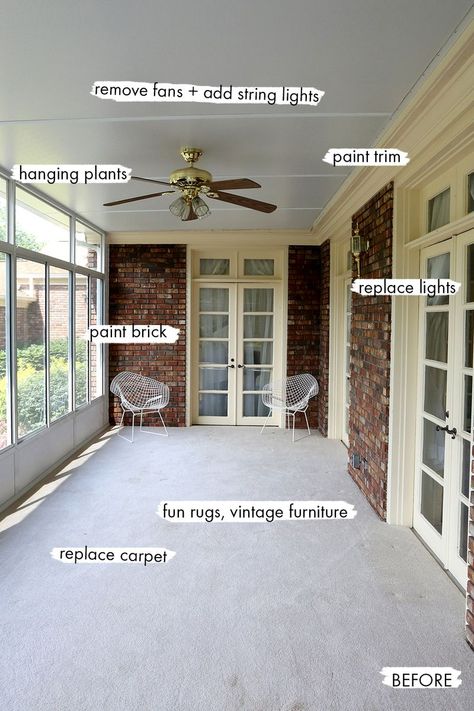 Sunroom BEFORE Sun Porch Guest Room, Turning Porch Into Sunroom, Sunroom In Front Of House, Low Ceiling Sunroom, Back Sunroom Ideas, Sunroom With Exposed Brick, Enclosed Porch Office Ideas, 3 Season Room Ideas Sunroom Cozy, Sunroom Addition Off Living Room French Doors