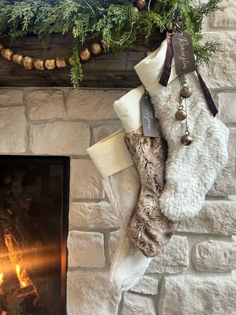 Faux Fur Christmas Stocking, Faux Fur Stockings Christmas, Fur Christmas Stocking, Fur Stockings Christmas, Faux Fur Christmas Decor, Christmas Stockings Aesthetic, Fur Christmas Decor, Xmas Inspiration, Woodland Christmas Decor