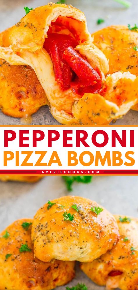 Put this biscuit dough recipe on your football food ideas! Not only are these Pepperoni Pizza Bombs an irresistible game day appetizer, but they are also easy and ready in just 15 minutes. Serve these stuffed pizza balls at your tailgating party! Casserole Pizza, Pizza Balls, Pizza Appetizer, Pizza Bomb, Pizzas Recipe, Pepperoni And Cheese, Stuffed Pizza, Pizza Ball, Biscuit Pizza