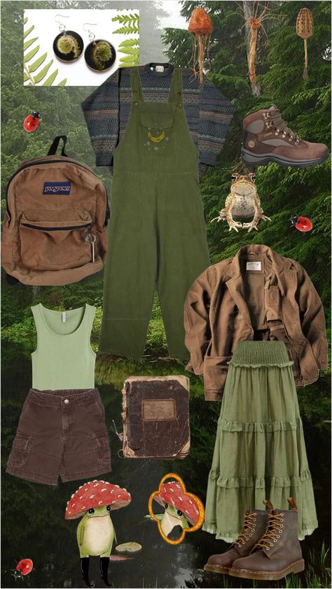 Frog And Toad Aesthetic Clothes, Moss Aesthetic Outfit, Green Brown Aesthetic Outfit, Frog And Toad Inspired Outfits, Bug Aesthetic Outfit, Paleocore Outfit, Gremlincore Aesthetic Outfits, Goblincore Overalls, Frogcore Aesthetic Outfits