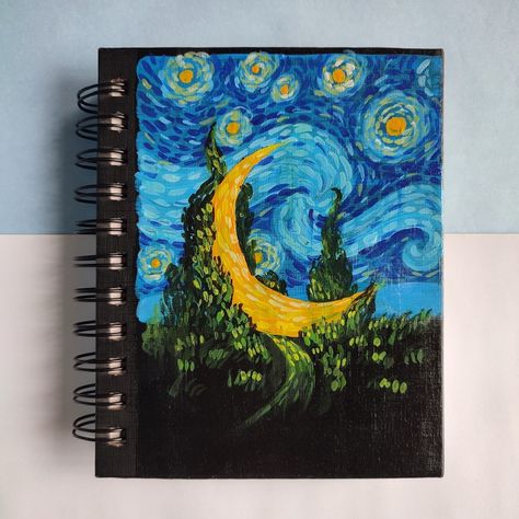 Starry Night Book Cover, Things To Paint On A Book Cover, Watercolour Starry Night, Diy Painted Journal Cover, Sketchbook Cover Painting Ideas, Paint Sketchbook Cover, Starry Night Painting Aesthetic, Diary Cover Painting, Painting On Sketchbook Cover