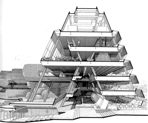 Burroughs Wellcome & Co., Inc. Corporate Headquarters and Research Labratories, Research Triangle Park Paul Rudolph Architecture, Sectional Perspective, Paul Rudolph, Design Art Nouveau, Section Drawing, Architecture Design Drawing, Architectural Section, Design Presentation, Architectural Drawing