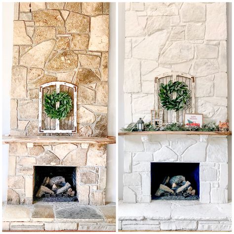 When we started renovating our family room, I knew I wanted to whitewash our fireplace. Our house doesn't get a ton of natural light so I thought this would help to brighten it up. The stone just felt dark and rustic. Obviously applying paint to our ginormous fireplace was a pretty permanent decision, so it took us a year to get brave enough to do it. Items you'll need: Scrub brush and cleaning spray. We love Thieves Household Cleaner which is a non-toxic concentrate, you just Redo Stone Fireplace Ideas, Painting Stone Fireplace White, Whitewashing Stone Fireplace, Paint Fireplace Stone, Whitewashed Stone Fireplace, Painting Stone Fireplace, Paint Stone Fireplace, Chalk Paint Fireplace, French Country Tile