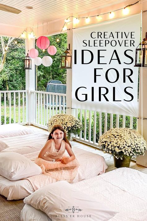 Outdoor Slumber Party Ideas, Air Mattress Sleepover, What To Do At A Slumber Party, Slumber Party Sleeping Arrangements, Birthday Sleepover Decorating Ideas, Pajama Birthday Party Ideas, Luxury Sleepover, Diy Slumber Party Tents, Slumber Party Set Up