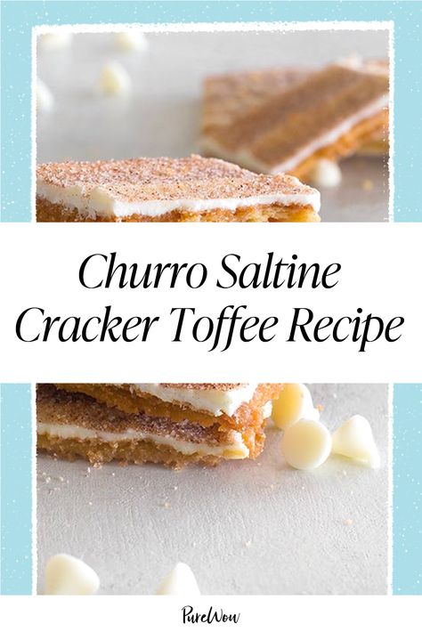 Churro Saltine Cracker Toffee #purewow #baking #sweet #under 500 calories #recipe #food #under 5 ingredients #snack #easy #chocolate #dessert #under 30 minutes Saltine Cracker Recipes Sweets Desserts, Cracker Toffee Recipe, Saltine Cracker Recipes, Saltine Cracker Candy, Saltine Cracker Toffee, Calories Food, Quick And Easy Desserts, Saltine Cracker, Saltine Toffee