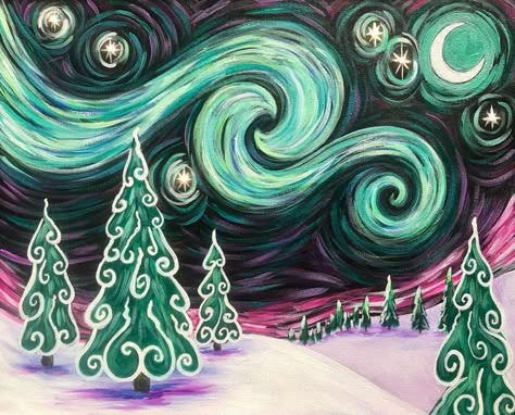 Join us at Pinot's Palette - Dulles on Sat Dec 07, 2019 7:00-9:30PM for Starry Northern Lights. Seats are limited, reserve yours today! Pinots Palette, Starry Night Art, Starry Night Painting, Paint Nite, Christmas Painting, Winter Painting, Paint Night, December 21, Christmas Canvas